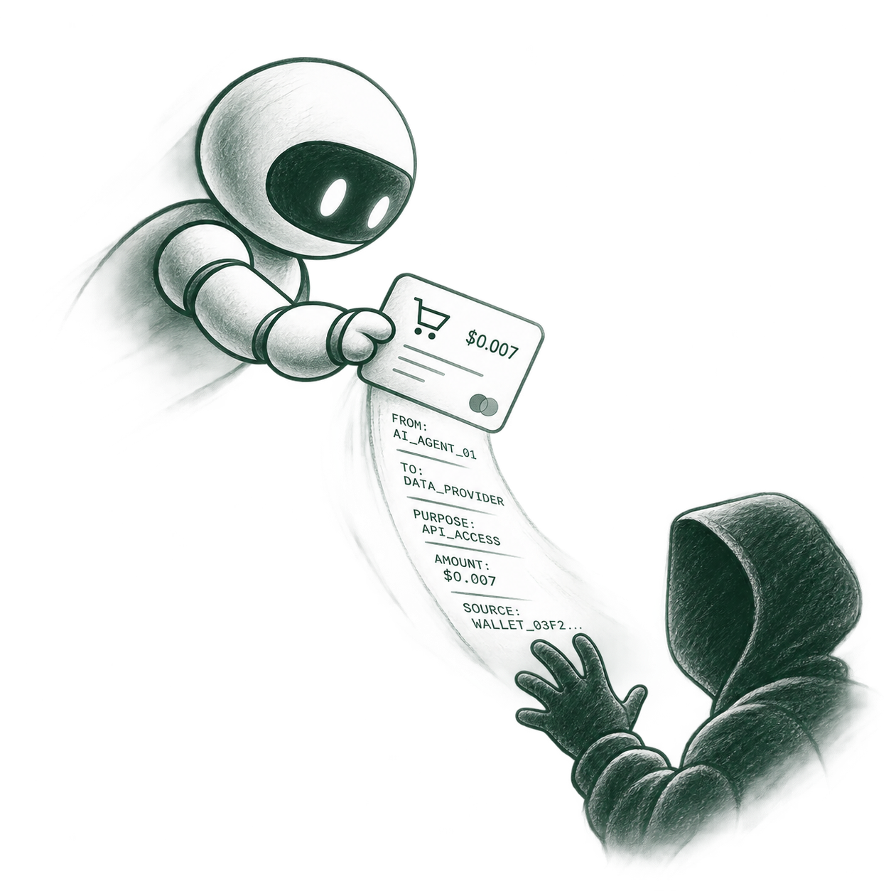 A robot handing a payment receipt to a hooded figure